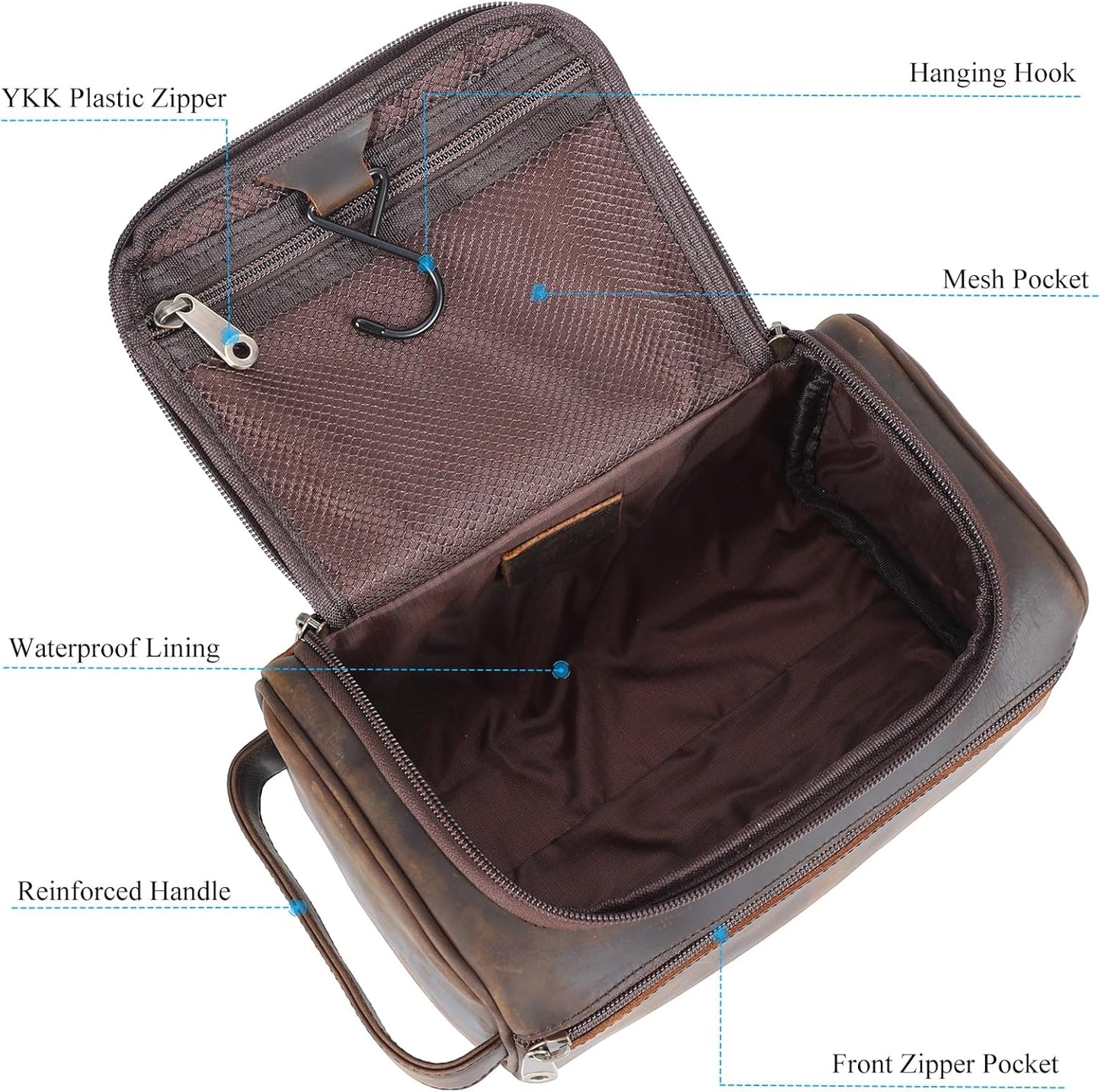 TIDING Mens Leather Hanging Toiletry Bag Travel Shaving Kit Portable Makeup Cosmetic Organizer Wash Case