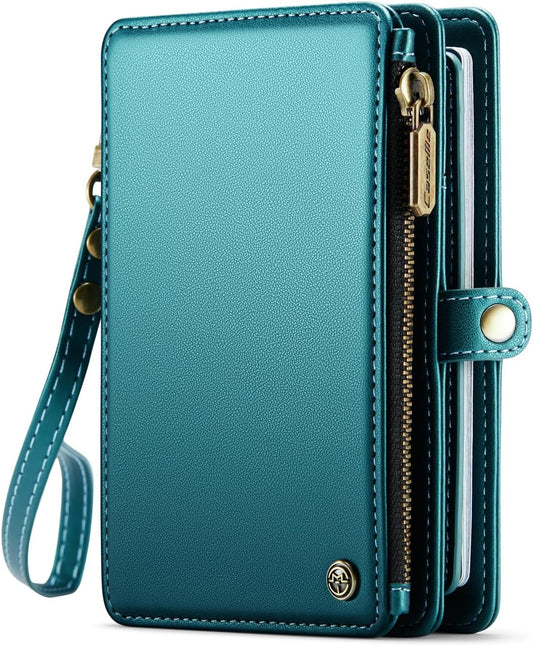 Passport Holder Wallet, 12 Card Slots RFID Blocking Travel Organizer, Zippered Coin Pocket & Detachable Wrist Strap Secure AMagnetic Closure Passport Case for Men & Women (Green)