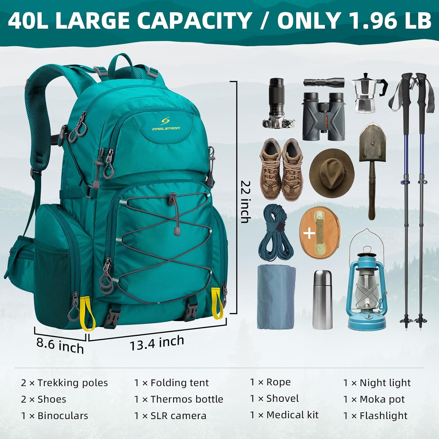 Maelstrom Hiking Backpack,40L Waterproof Camping Backpack,Men Women Packable Hiking Daypack with