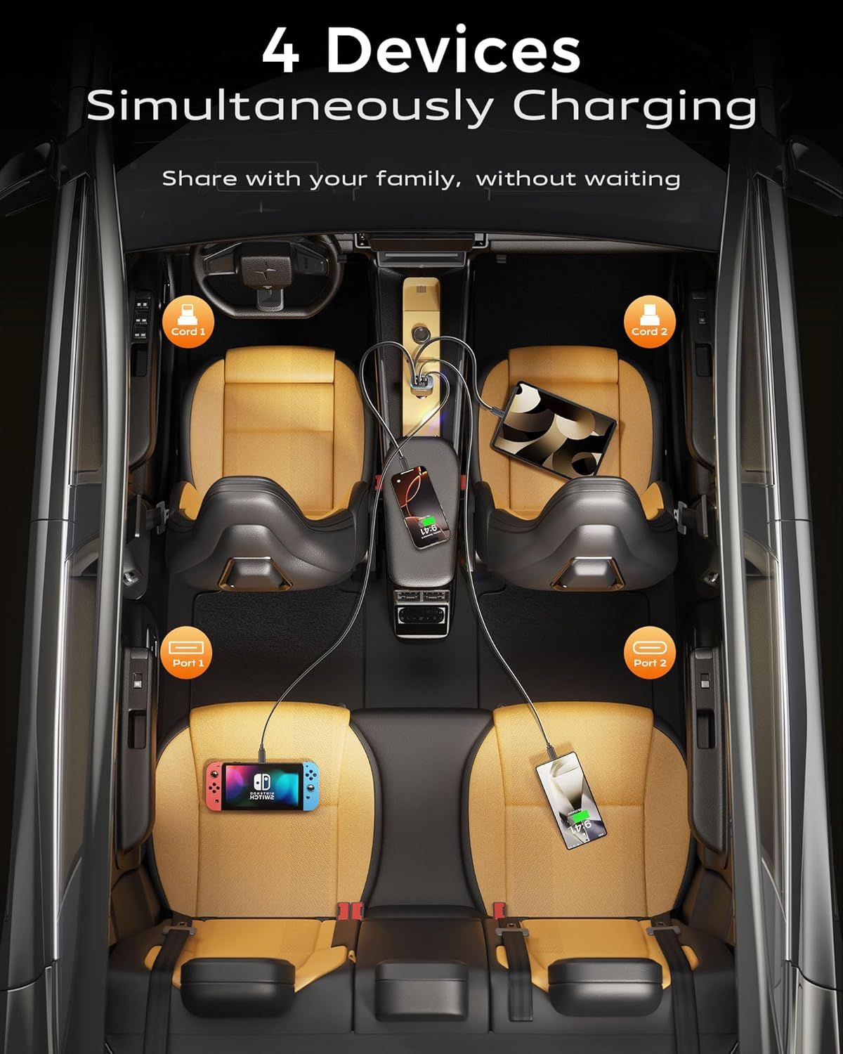 4 in 1 Car Charger, Retractable iPhone Car Charger Fast USB C Phone Charger, Cigarette Lighter with 2 Cable 30 Inch and 2 USB Ports, Multi Port USB Car Charging for iPhone 17/16/15/14/13 Pro Max-2Pack