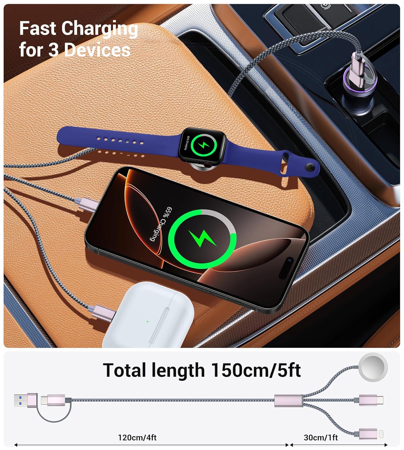 Temdan for Travel Vacation Essentials,3 in 2 USB C Cable for Apple Watch Charger/iPhone 17 Charger/Lightning,Multi Charging Cable Cord,Camping Essentials,Portable Designed for iWatch &iPhone 16-12-5FT