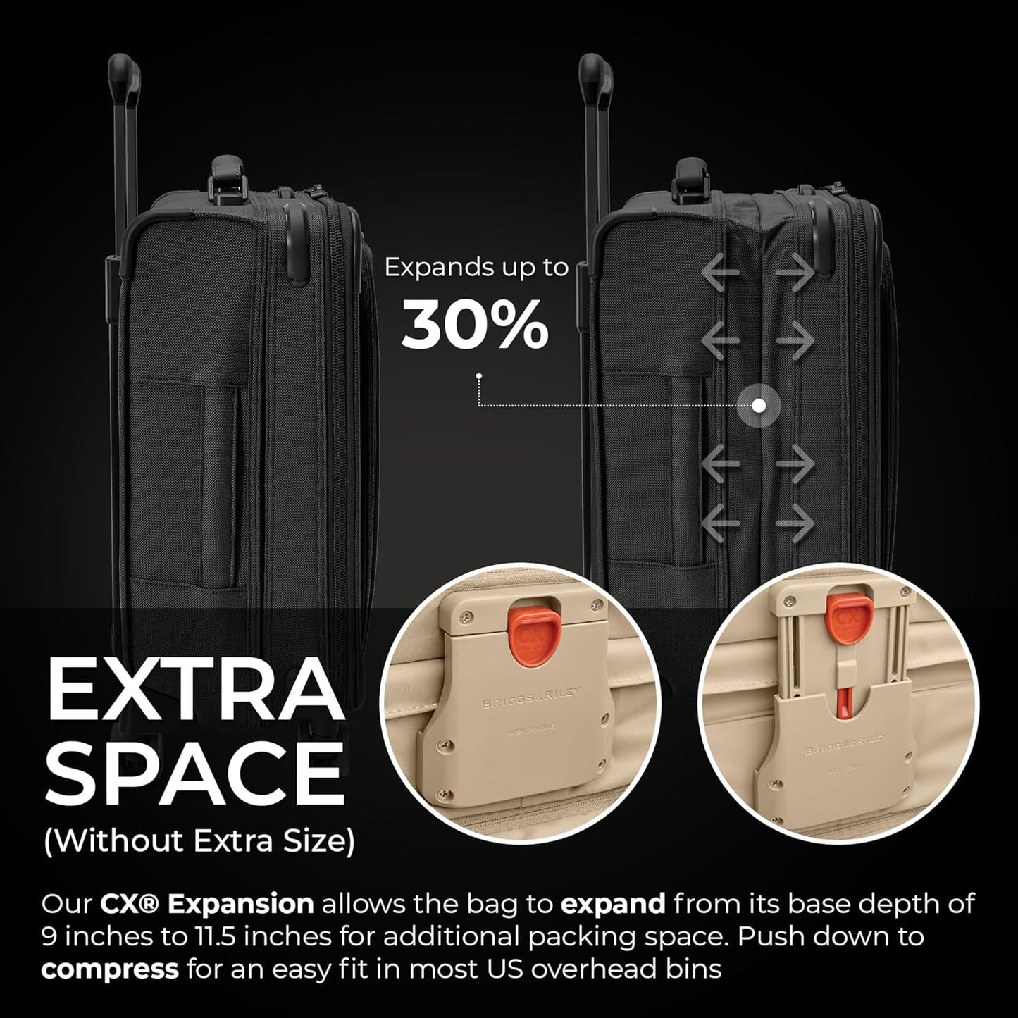Briggs & Riley Global 21" Carry On Expandable Spinner - Luggage for International Travel, Suitcases with Wheels, Softside Rolling Bag for Men & Women, Self-Repairing Zipper- Baseline Collection, Black