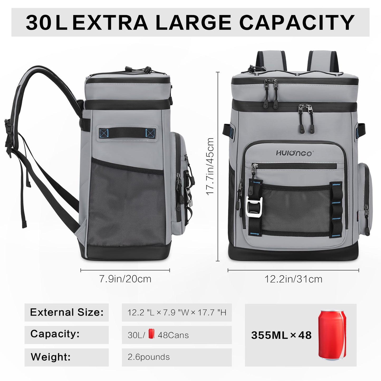 Hulongo Large Waterproof Insulated Cooler Backpack, 30L, 48Cans, Gray