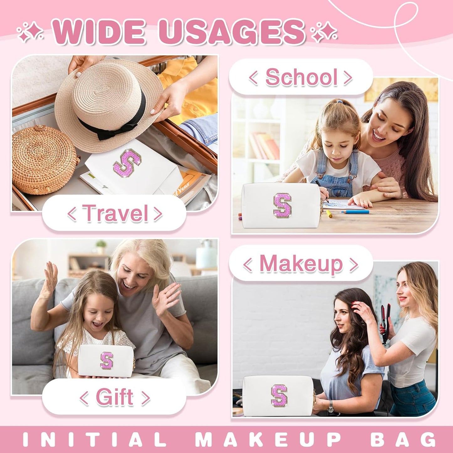 Small Initial Patch Makeup Bag Personalized Gifts Make Up Bag,White Cute PU Leather Glitter Letter Cosmetic Bag with Zipper,Trendy Portable Travel Toiletry Pouch,Preppy Stuff for Teen Girls Women S