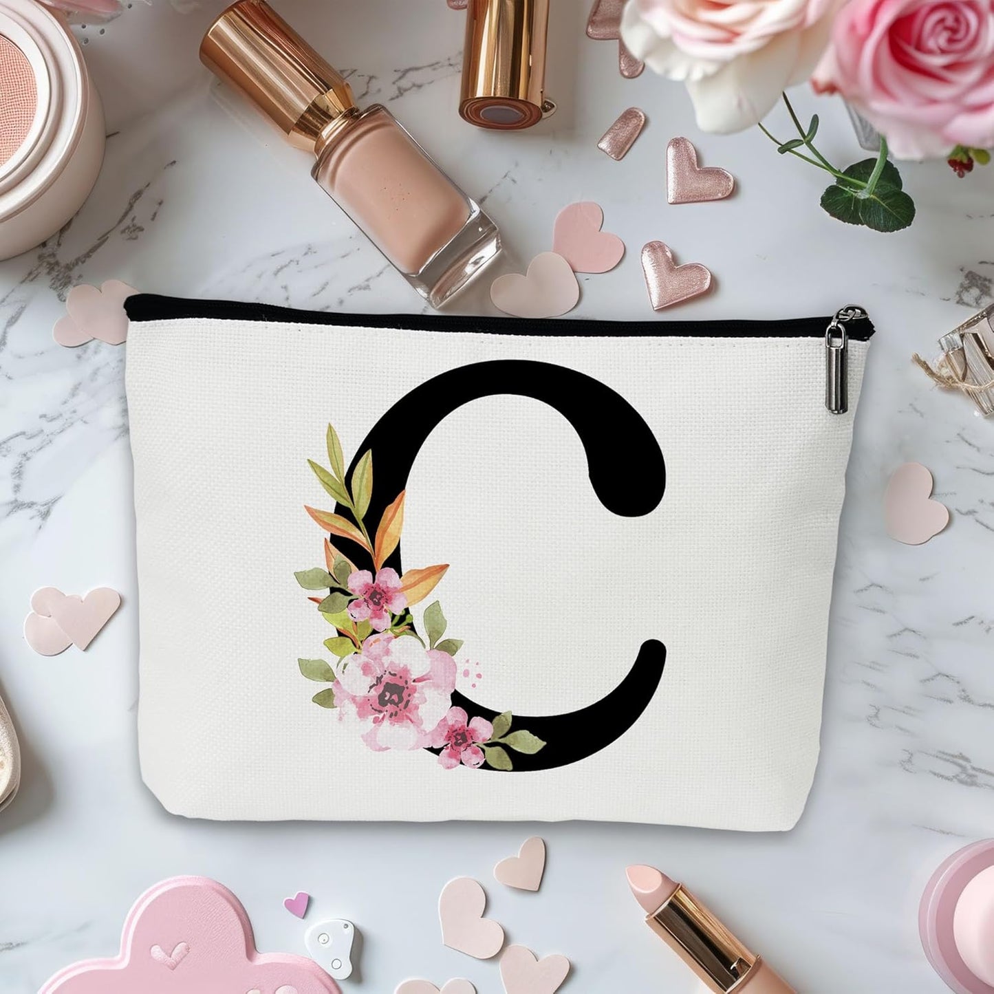 Personalized Letter C Makeup Bag for Women, Birthday Gifts for Mom, Small Zipper Pouch for Purse, Christmas Bridesmaid Friendship Gifts for Sister Daughter, Girls Weekend Gifts for Women-A03