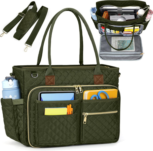 RAINSMORE Teacher Tote Bag 15.6 inch Laptop Bag for Women Work Bags Laptop Tote Nurse Bag Professional Computer Messenger with Insulated Pocket, Laptop Briefcase for Office, College, Olive Green