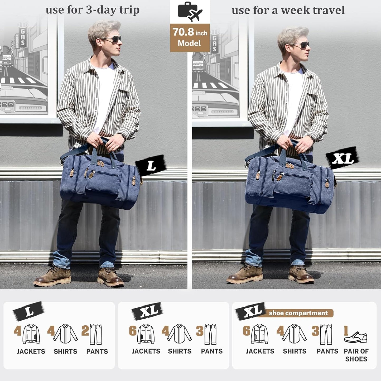 Gonex Canvas Duffle Bag for Travel 60L Expandable Duffel Weekend Overnight Bag men (Blue)