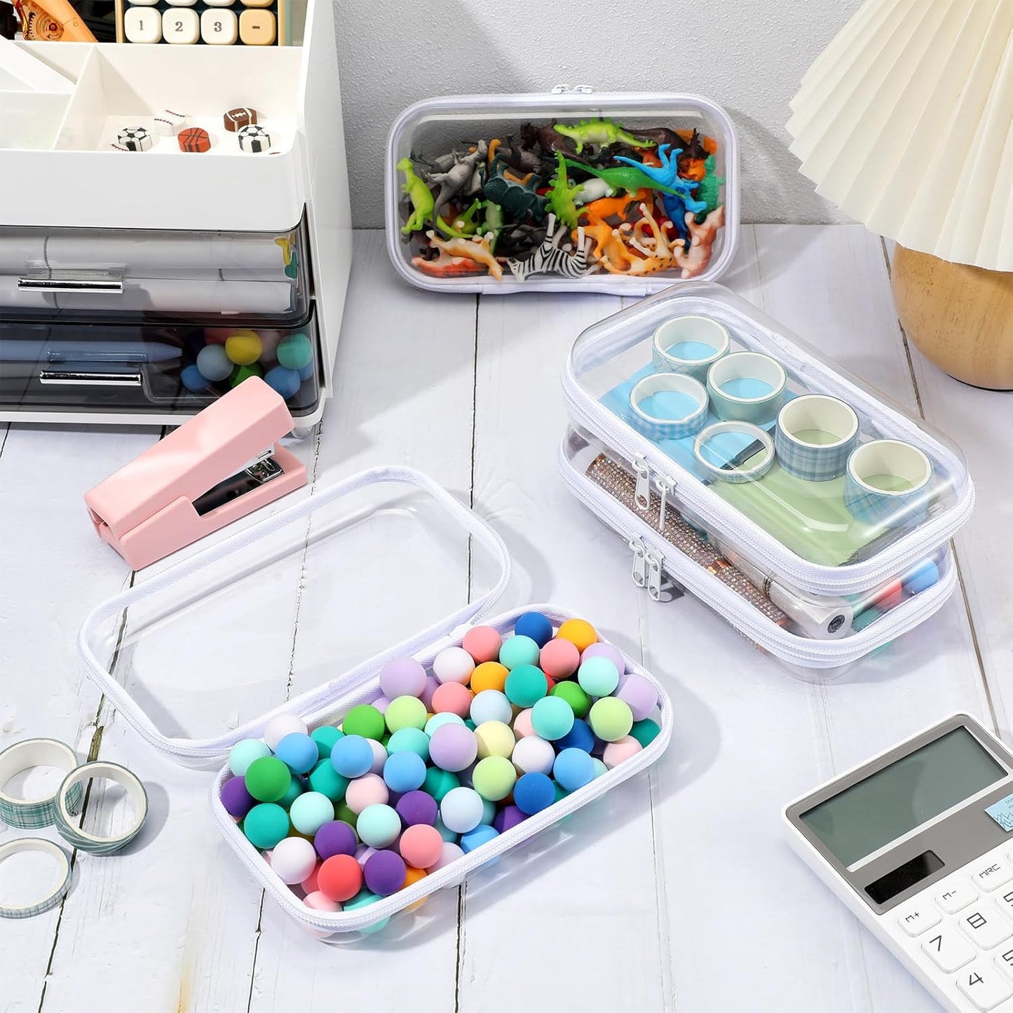 Hoolerry 4 Pcs Hard Clear Zipper Case Makeup Bags Plastic Pencil Pouch Transparent Storage Box Containers for Cosmetics, Snacks, Building Blocks, Puzzles(White,7.5 x 3.9 x 2 in)