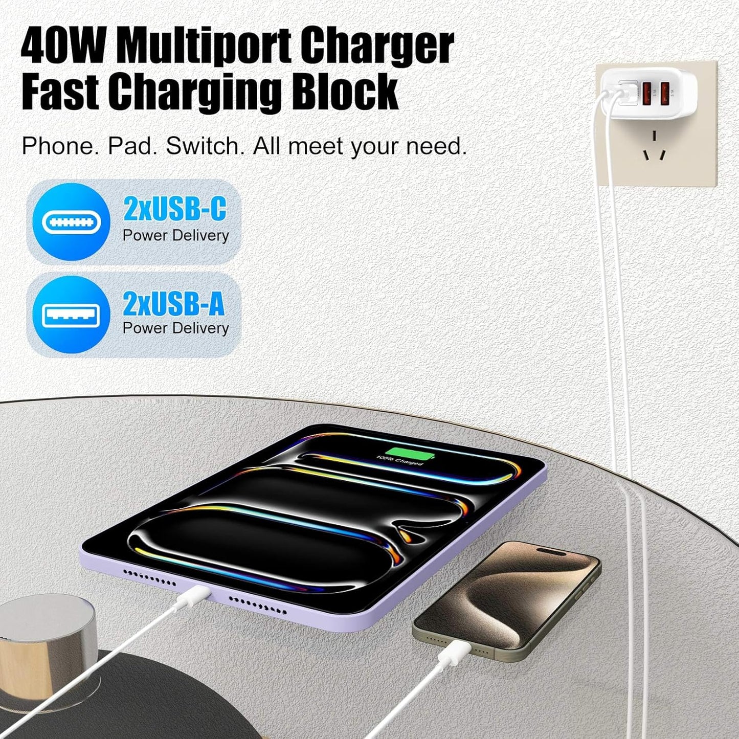 USB Type C Charger for iPhone 17 16 Pro,40W Multiport Type C Charger Fast Charging,2Pack 4Port USB C Wall Charger 10FT USBC Chargers Cord for iPhone 17/17 Pro/17 Air/16 ProMax/16e/15/15 ProMax/15 Plus