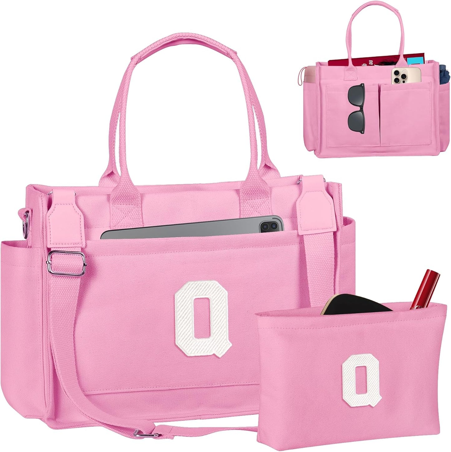 Gifts for Women Teen Girls, Initial Tote Bag with Zipper, Letter Canvas Tote Purse for College Work Laptop Beach