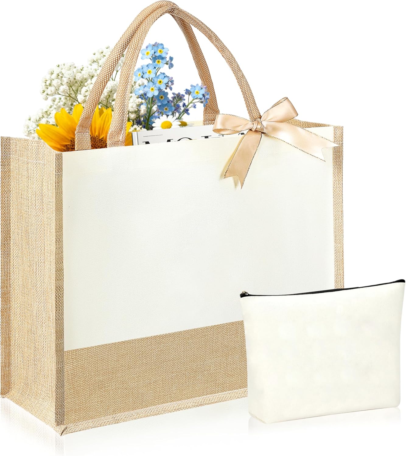 Initial Canvas Tote Bag & Makeup Bag for Women Teacher Bridesmaids，Personalized Present for Wedding, Birthday, Beach