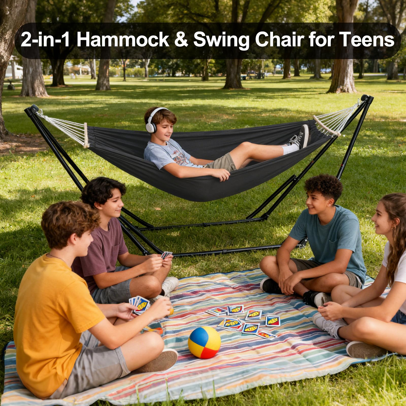2-in-1 Hammock Chair with Stand, Portable Hammock, Black