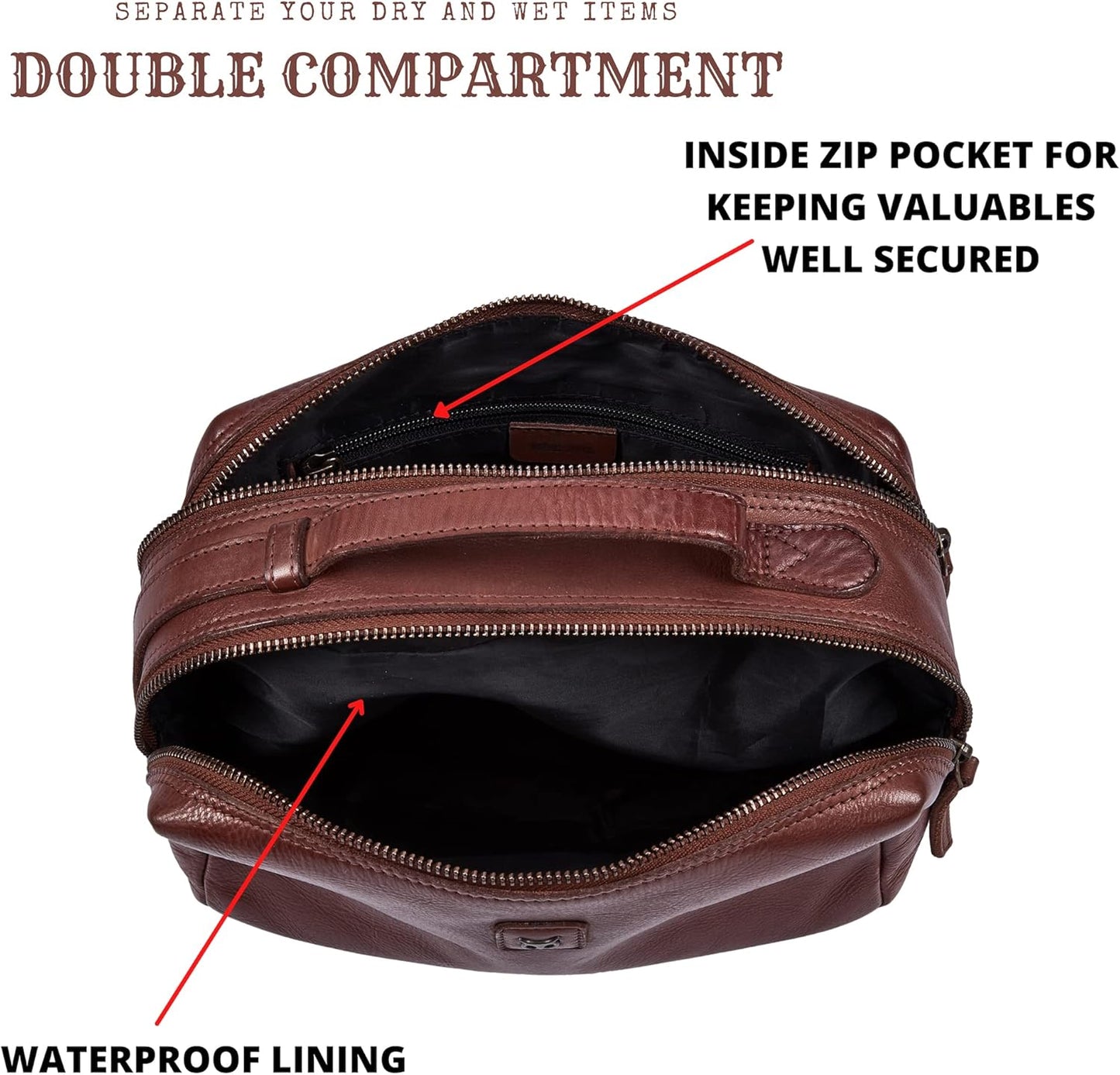 Real Leather Toiletry Bag Dopp Kit for Men Women Travel Shaving Pouch Organiser Double Compartment Cosmetic