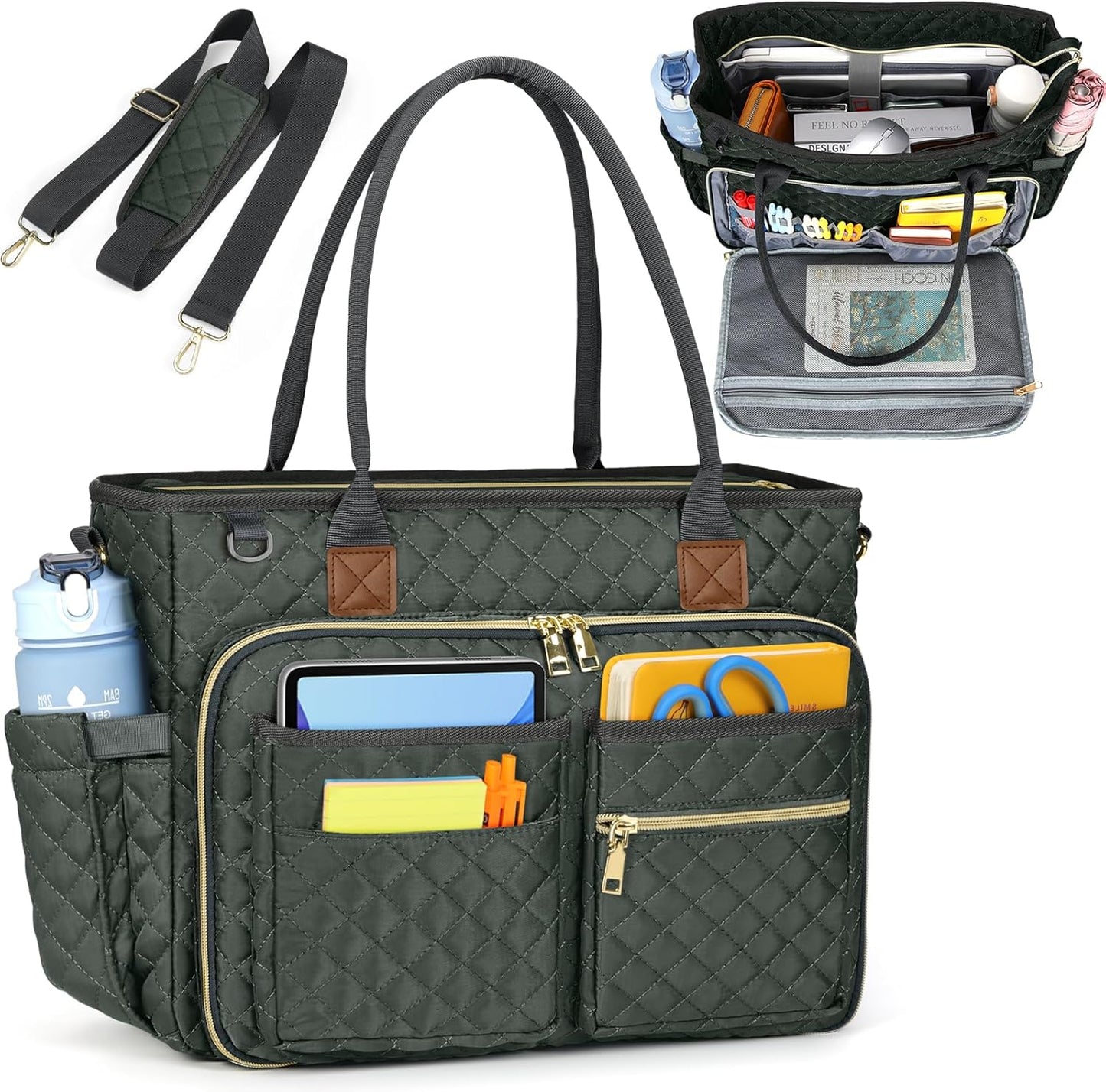 RAINSMORE Teacher Tote Bag 15.6 inch Laptop Bag for Women Work Bags Laptop Tote Nurse Bag Professional Computer Messenger with Insulated Pocket, Laptop Briefcase for Office, College, Nursing, Fog Blue