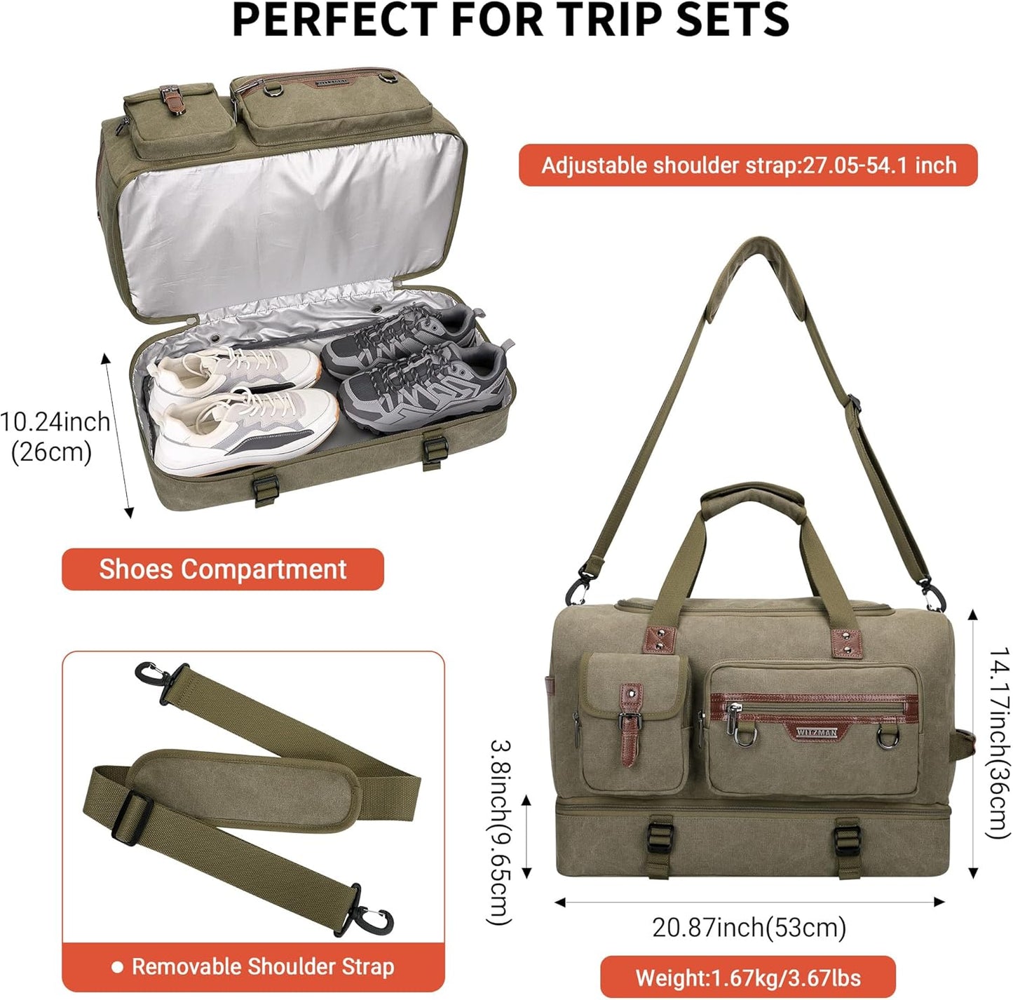 WITZMAN Canvas Weekender Bag Mens Overnight Bag for Traveling Carry on Duffle Bags with Shoes Compartment(A8010 Army Green)