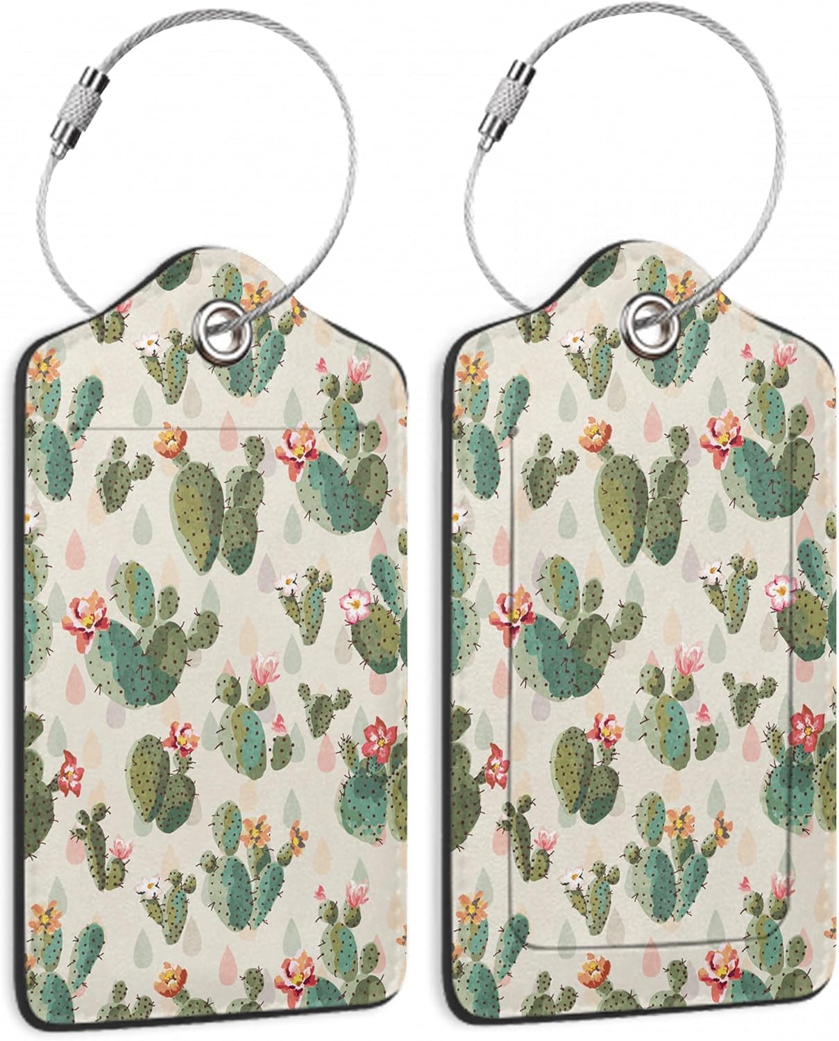 Cactus Luggage Tag,Cute Green Cactus Print Luggage Tags of Set 2 Leather Identifiers Privacy Cover with Stainless Steel Loop for Women Men Travel Bag Suitcase