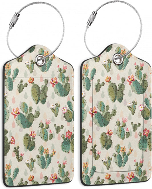 Cactus Luggage Tag,Cute Green Cactus Print Luggage Tags of Set 2 Leather Identifiers Privacy Cover with Stainless Steel Loop for Women Men Travel Bag Suitcase