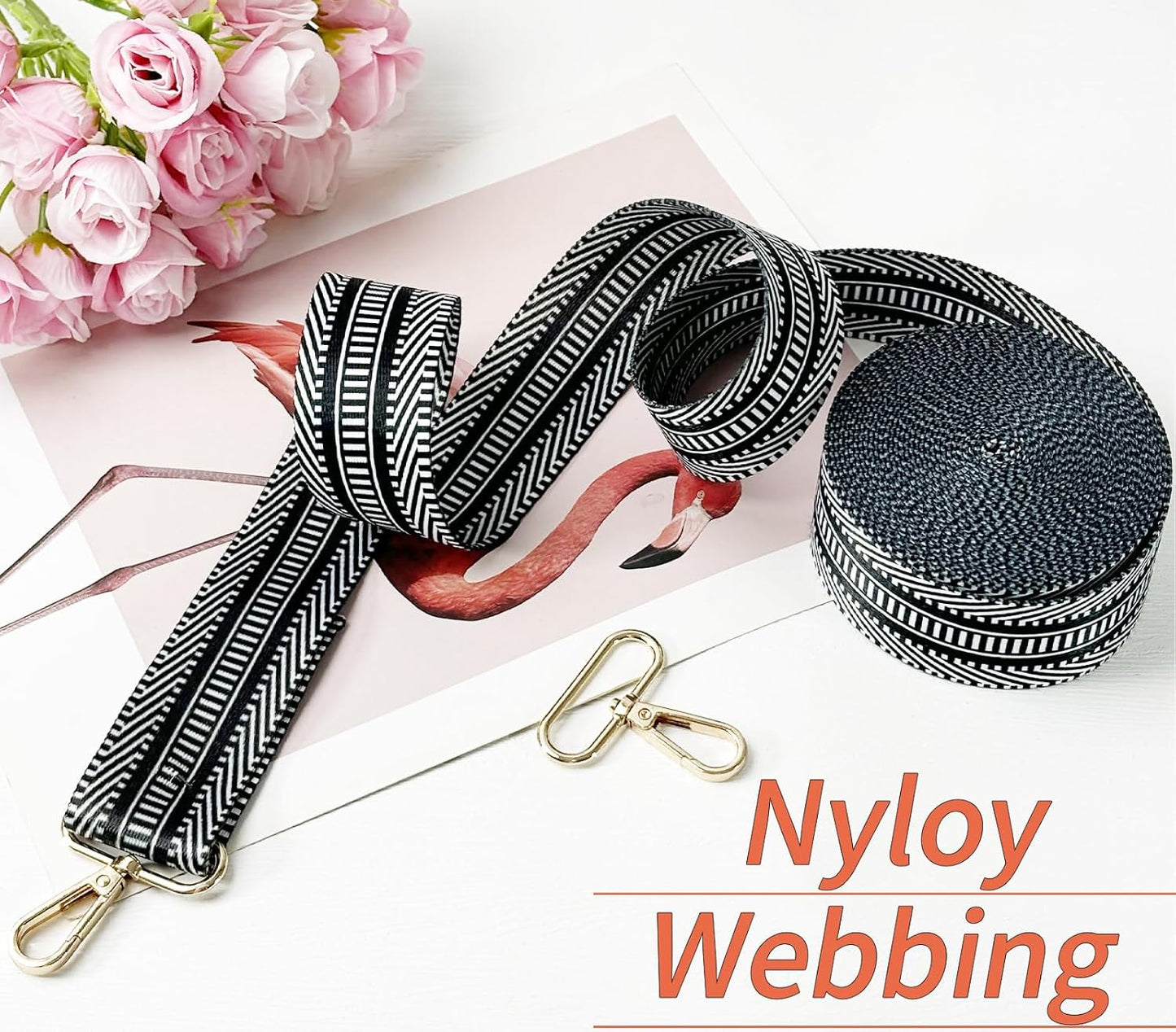 1.5 inch Printed Nylon Webbing Straps for Bags with Buckle 1 1/2 inch 6 Yards Black Strips Thick Patterned Fabric Webbing Luggage Handle Ribbon for Backpack-Home Deco-Clothing-Sewing-DIY Crafts