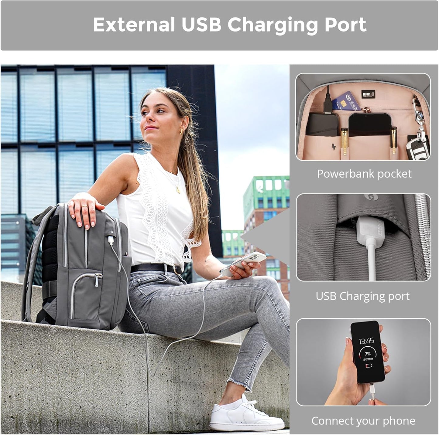 Swissdigital Design Laptop Backpack for Women，Travel Backpack with USB Charging Port，Fits 15.6 Inch School Computer Backpacks for Work Business,Grey | KATY ROSE