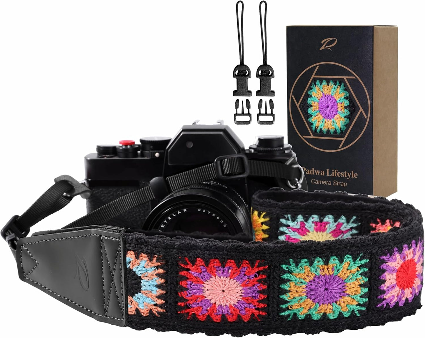 Padwa Lifestyle Camera Strap - 2" Full Grain Leather Ends Camera Straps for Photographers(Colorful Crochet)