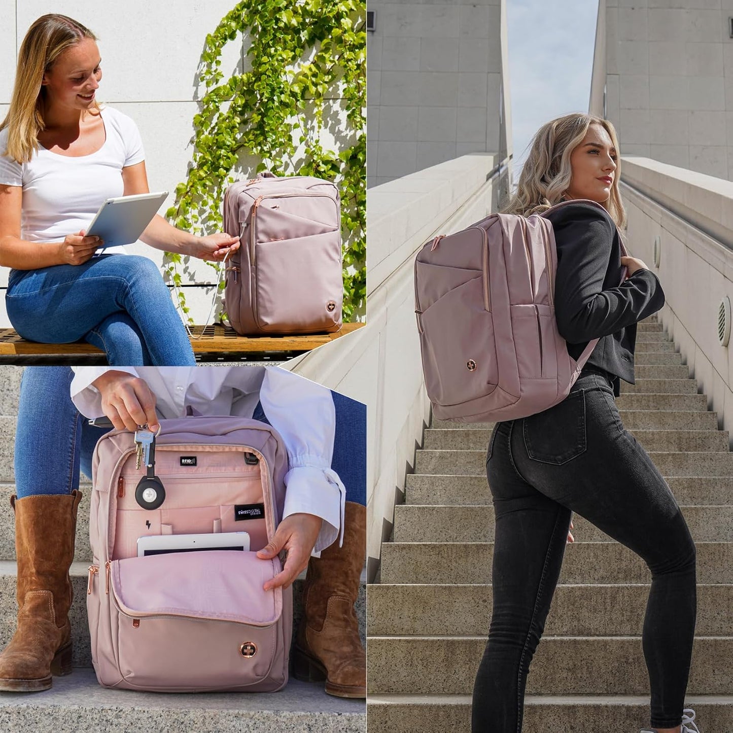 Swissdigital Design Laptop Backpack for Women,College Bookbags with USB Charging Port,Cute Computer Backpacks for Work Business,Pink | KATY ROSE