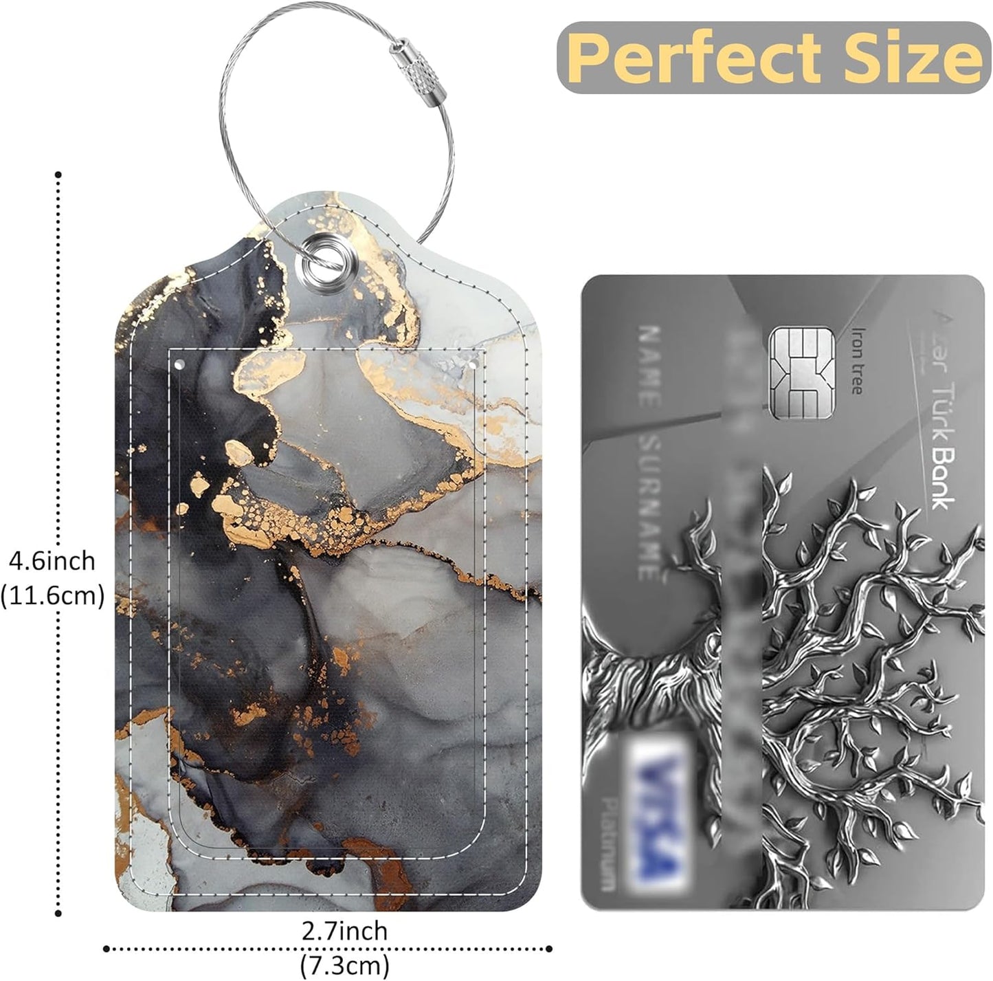 2 Pack Luggage Tags for Suitcase Marble and Gold Line Leather Stainless Steel Loop Label Tags for Women Men Travel Bag Suitcase with Privacy Cover Name ID Card