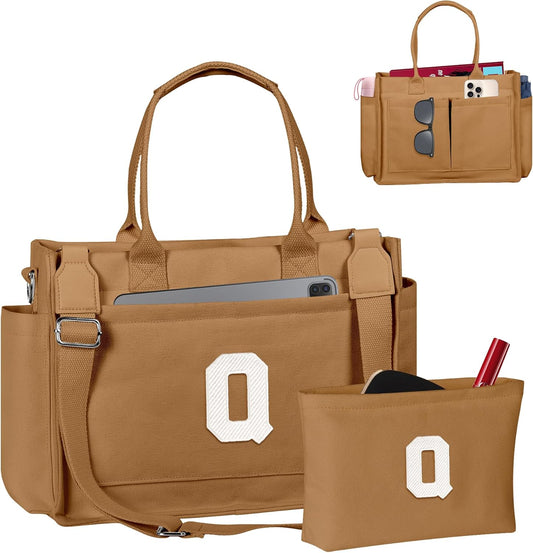 Gifts for Women Teen Girls, Initial Tote Bag with Zipper, Letter Canvas Tote Purse for College Work Laptop Beach