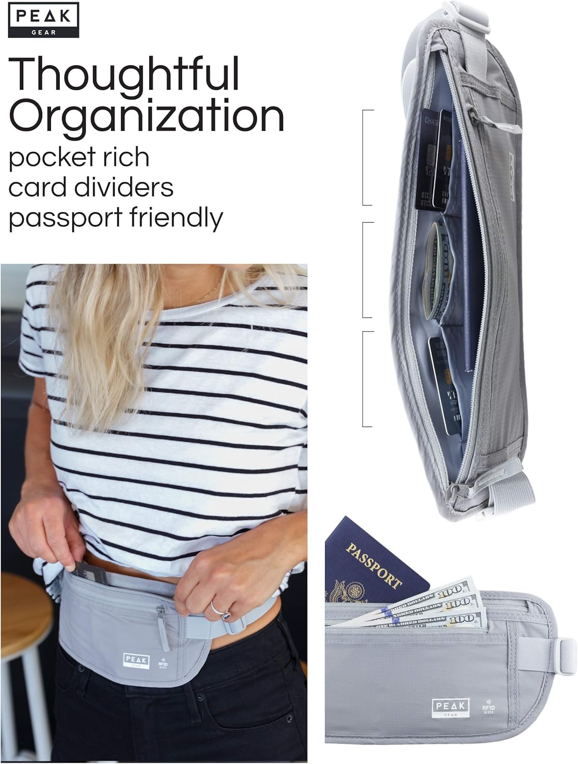 Peak Gear Travel Money Belt. Premium Quality Travel Wallet with RFID Blocking Fabric to Protect Credit Cards, Passports and Documents. Exclusive Theft Protection and 2 Recovery Tags | Gray