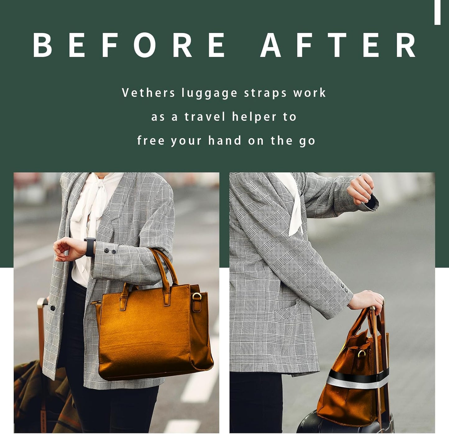 Luggage Straps for Carry On, Vethers Add a Bag Travel Belt, Hands Free Luggage Helper, Adjustable and Stylish Belt with Metal Buckles for Second Bag, Tote, Airport Travel Accessory (Tuxedo)