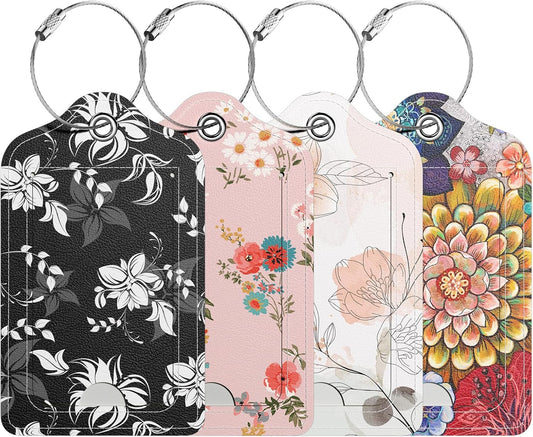 4 Pack PU Leather Luggage Tags for Suitcase, Travel Cruise Luggage Tag with Privacy Flap, Name ID Label and Metal Loop for Women Men Baggage Handbag School Bag Backpack, Tropical Plants