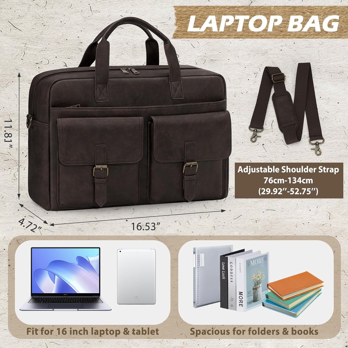 RAINSMORE Messenger Bag for Men 16 Inch Leather Laptop Bags Work Computer Briefcase Vintage Mens Satchel Shoulder Bag for Work, Office, Business, Travel, Coffee