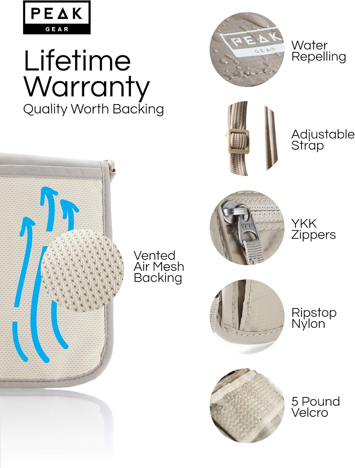 Peak Gear RFID Neck Wallet - The Original Travel Pouch with Adjustable Crossbody Strap + Theft Protection and Lost & Found Service | Beige