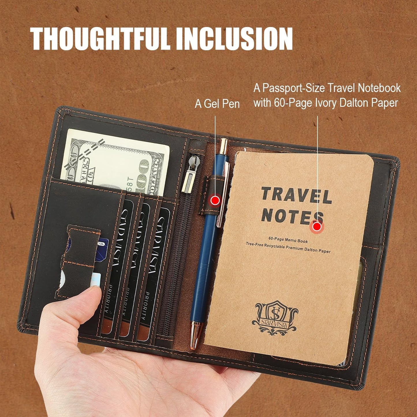 STAR VISTA Phoenix Leather Passport Holder, Cowhide Leather Travel Wallet - RFID Blocking, ID Window, Zipper Pocket, Pen & Notebook Included, AirTag Holder, Dark Chocolate