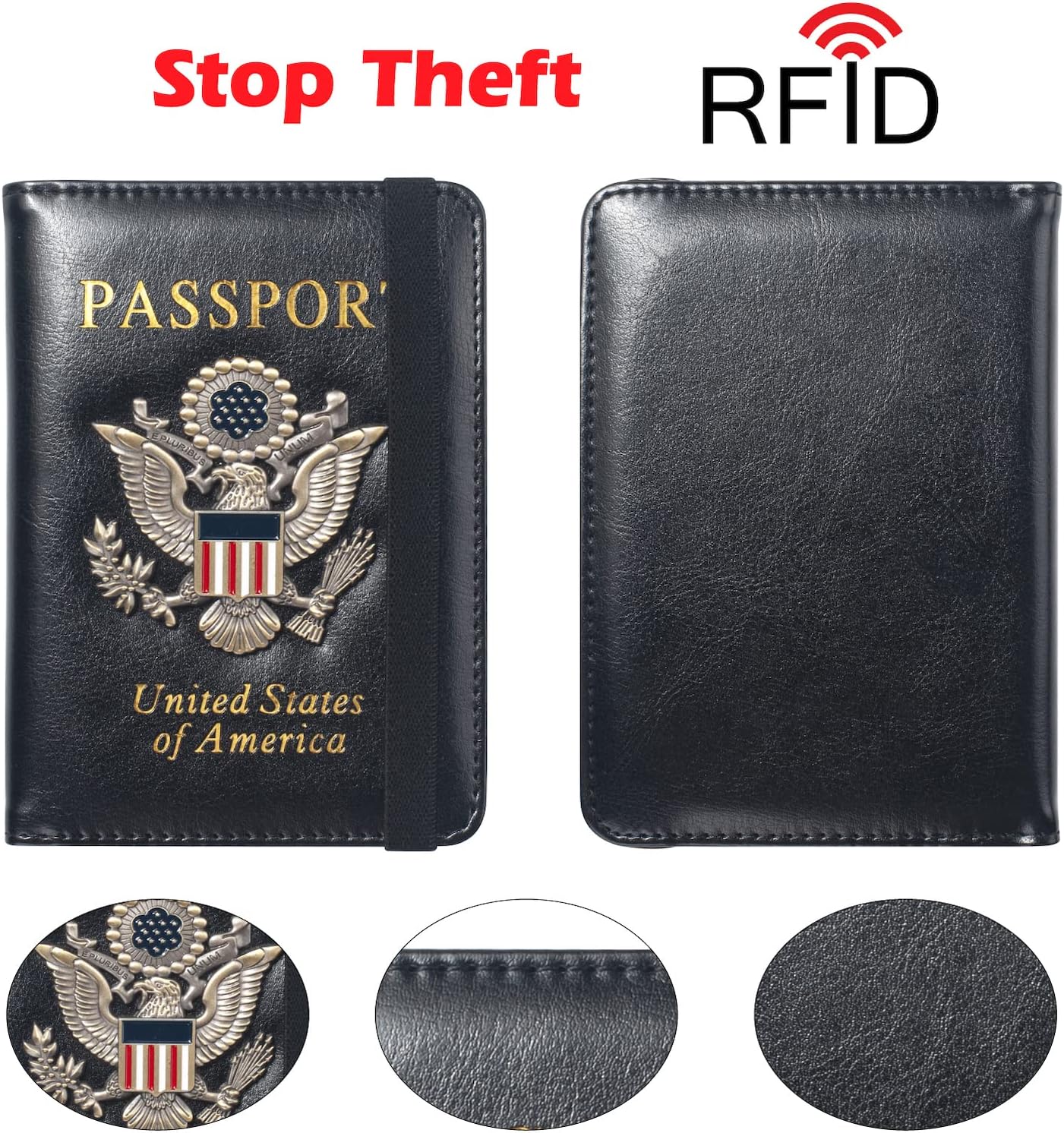 Passport Holder for Travel Men Women, RFID Blocking Passport Cover Leather Passport Wallet With 3D Metal Badge Waterproof Passport Case Travel Wallets Accessories Document Organizer (Black)