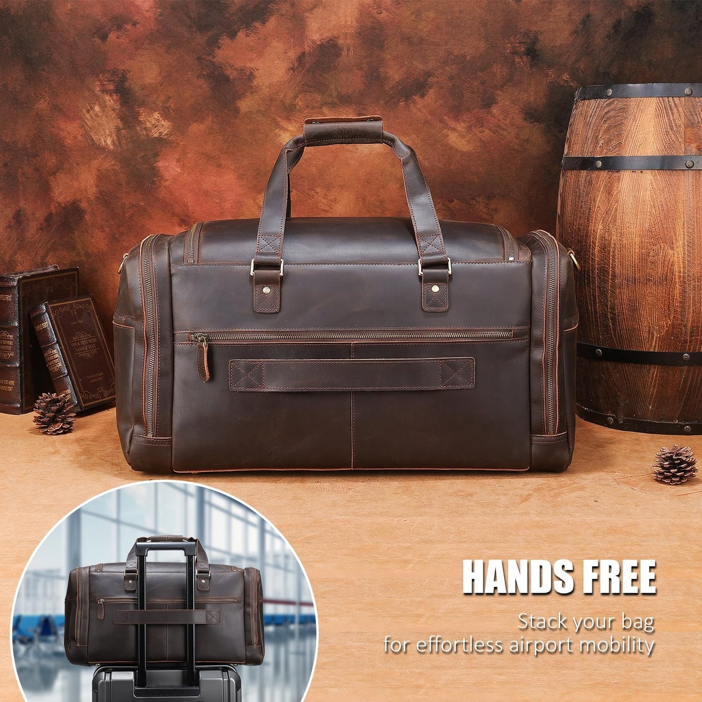 STAR VISTA Voyager-04 Luxury Travel Duffel Bag, Full Grain Cowhide Leather, Premium Canvas Lining, Padded Laptop Compartment, Multiple Pockets, 22 inch Carry-on Size