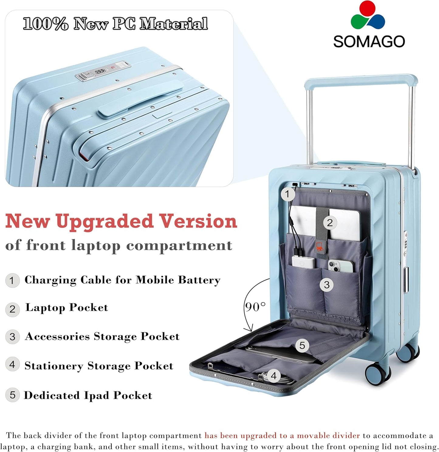Somago Carry On Luggage Wide Handle 20 Inch Suitcase with Front Compartment Aluminum Framed PC Hardside 22x14x9 No Zipper Business Baggage with Spinner Wheels USB Charging Port TSA Lock (Light Blue)