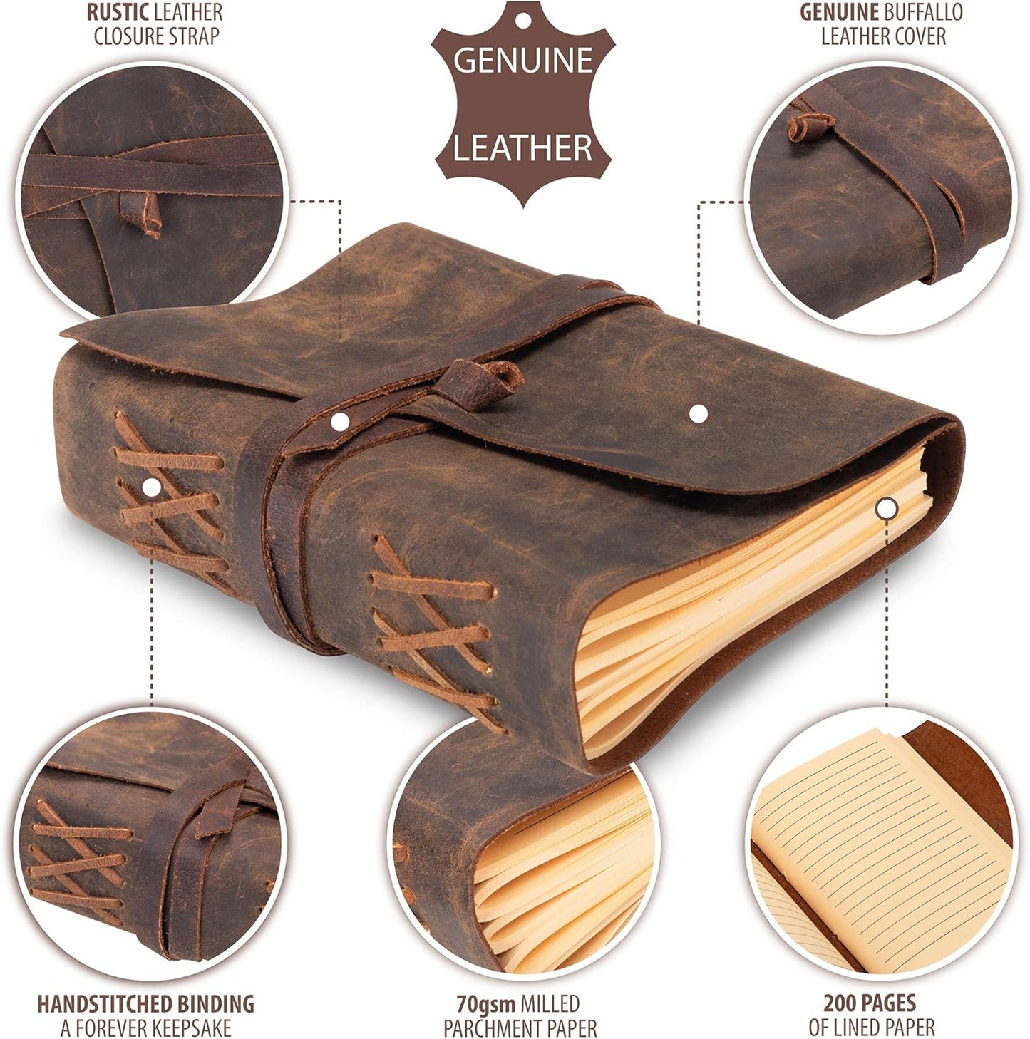 Leather Journal Lined Notebook Paper - MOONSTER® Leather Bound Journals for Writing for Women and Men, 8"x6" Ruled Large Notebooks, Kraft Paper with 400 pages - Non Refillable Lined Paper College Ruled & Travel Size