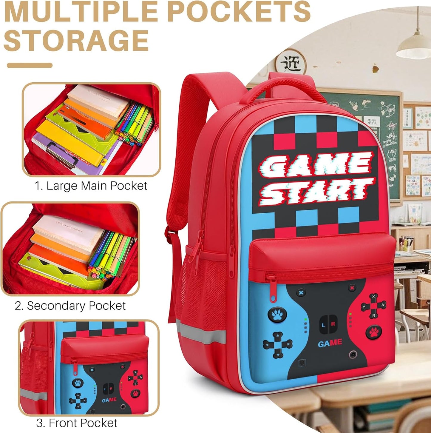 Video Game Style Backpack for Boys - 3 Piece School Set Includes Large 16.5 Inch Bookbag, Lunch