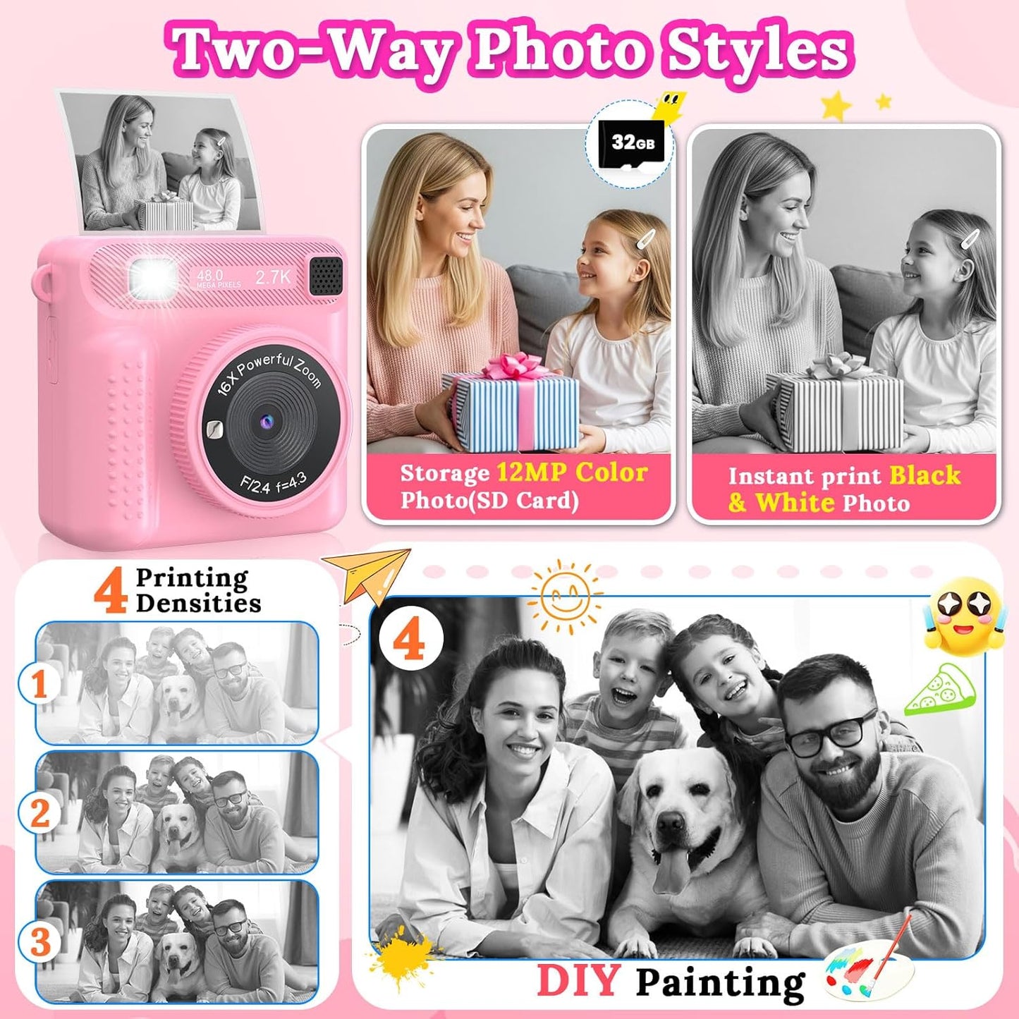 Kids Instant Print Camera - Christmas & Birthday Gift for Boys and Girls Ages 3-12, HD Digital Video Camera Toy with 3 Rolls Printing Paper & 32GB Card (Pink)