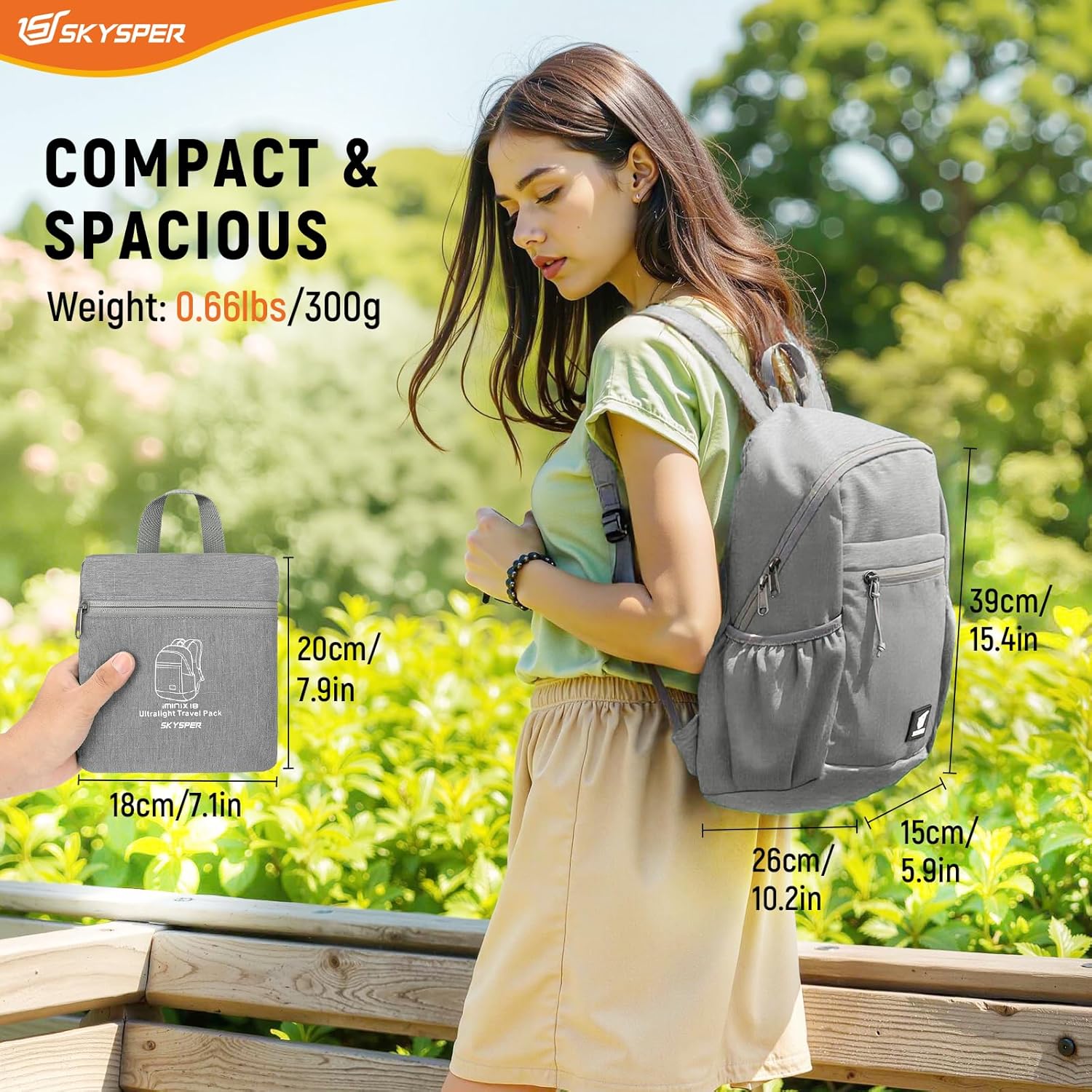 SKYSPER Anti Theft Hiking Backpack, 18L RFID Packable Travel Daypack, Lightweight Foldable Back