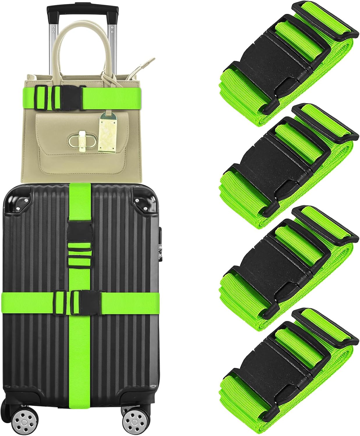 vivinin 4 Pack Luggage Straps, Luggage Belt with Buckle Closure, Adjustable Luggage Belt for Travel Bag Closure, Luggage Security (Neon Green)