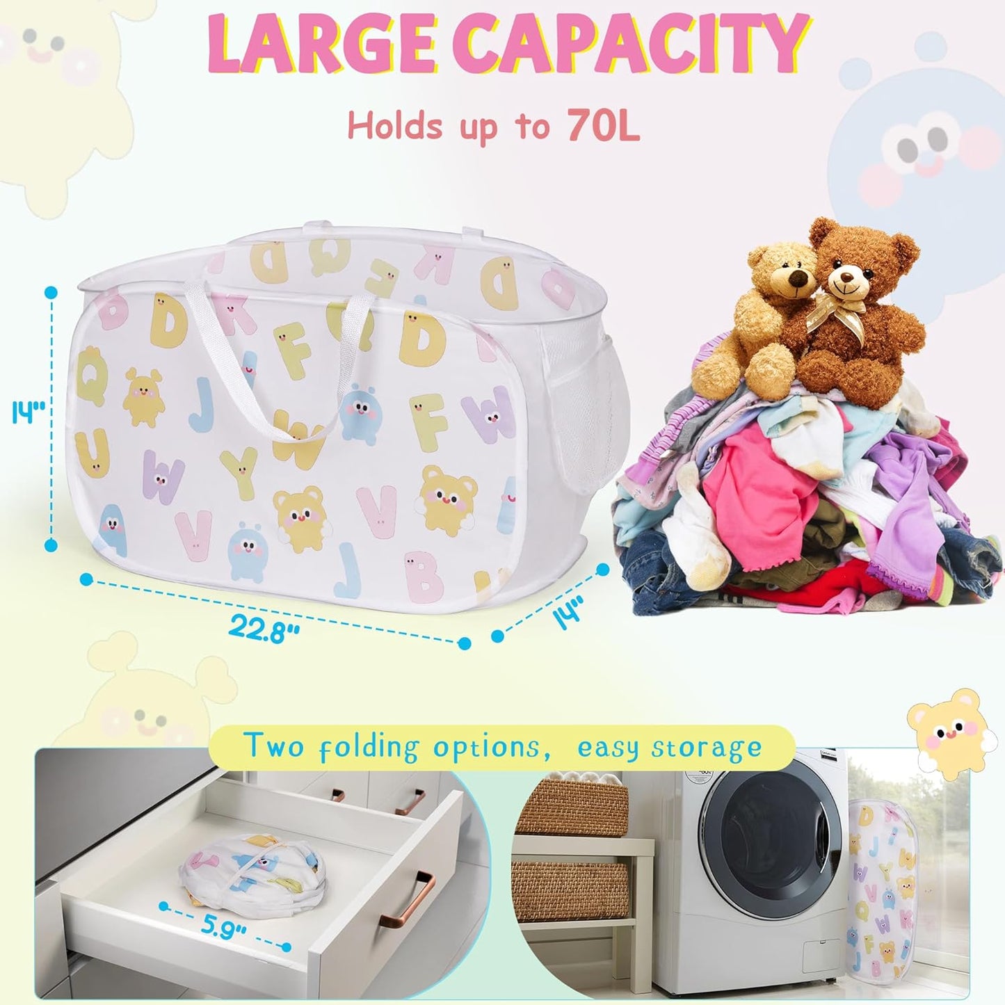 Collapsible Pop Up Hamper for Baby Clothes or Toys Storage, Mesh Hamper with Handles & Side Pocket, Multi-Use Laundry Hamper & Toy Basket, Portable for Home, Travel, Dorm (White-Horizontal)