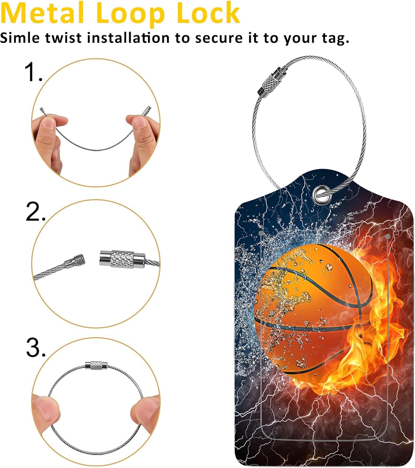 2 Pack Luggage Tags for Suitcases,Basketball on Fire and Water Luggage Tag,PU Leather Id Label Luggage Tags with Stainless Steel Loop and Privacy Cover for Women Men Teens Travel