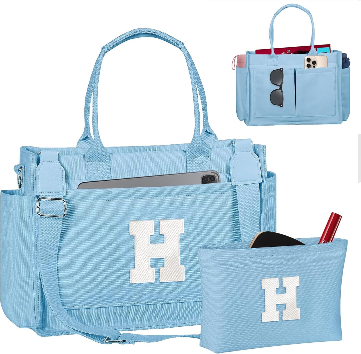 Gifts for Women Teen Girls, Initial Tote Bag with Zipper, Letter Canvas Tote Purse for College Work Laptop Beach
