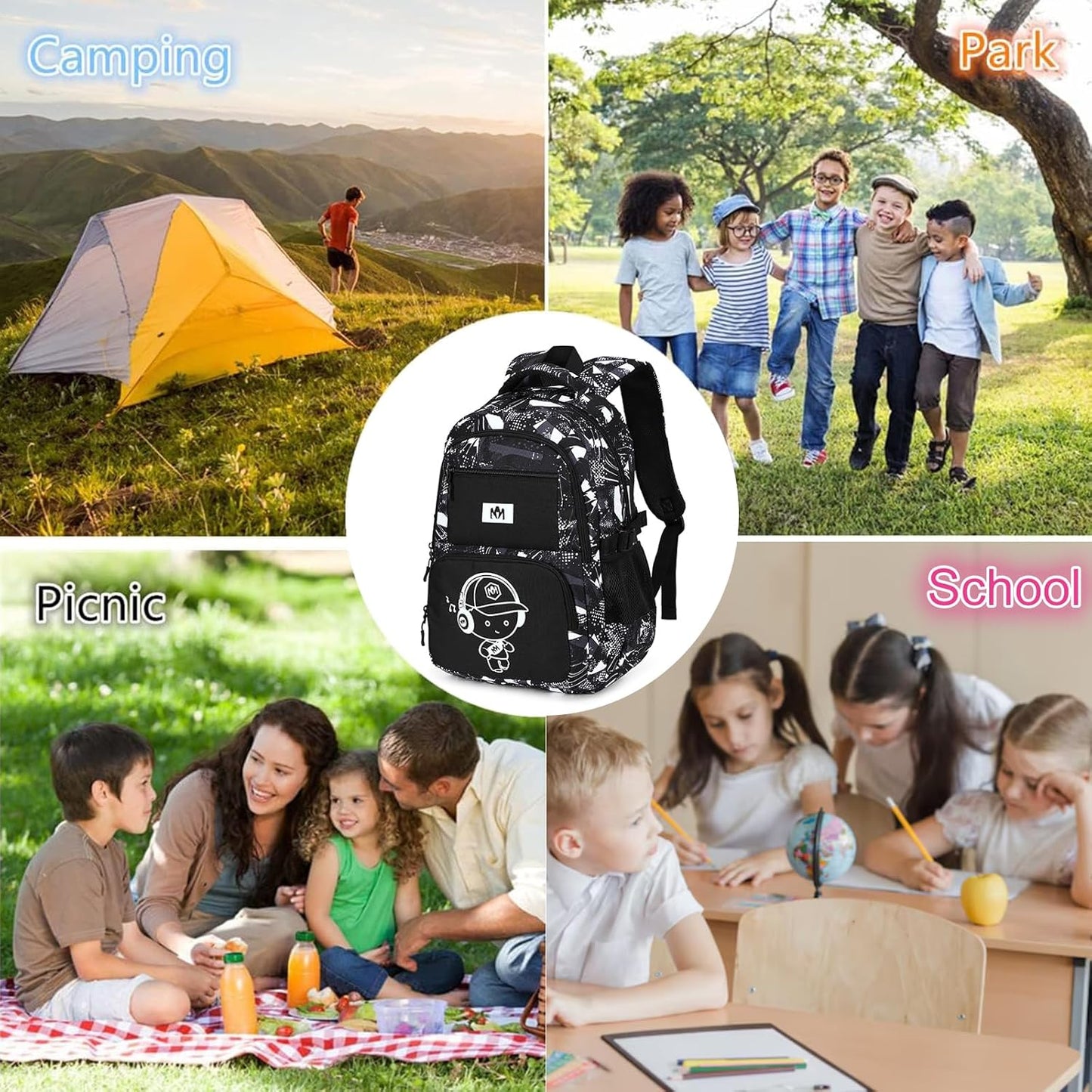 Bluboon Kids Backpack Boys Camo Bookbag Teens Elementary School Bag Daypack Travel Back Pack Middle school (Grey Graffiti)