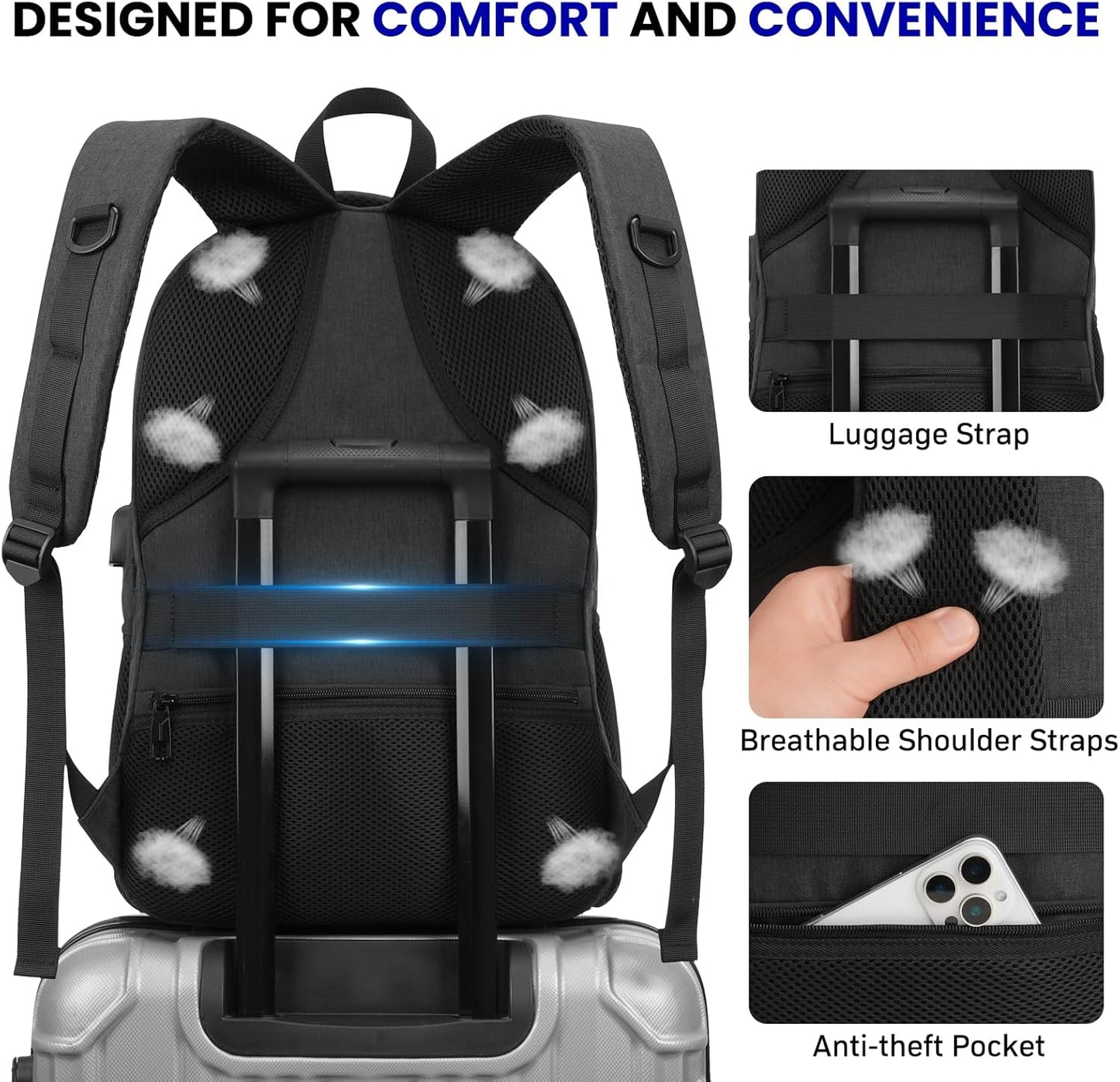 School Laptop Backpack for Women Men: 15.6 Inch College High School Backpacks with USB Charging Port Waterproof Travel Back Pack with Anti-theft Pockets Casual Work Daypack for Boys Students