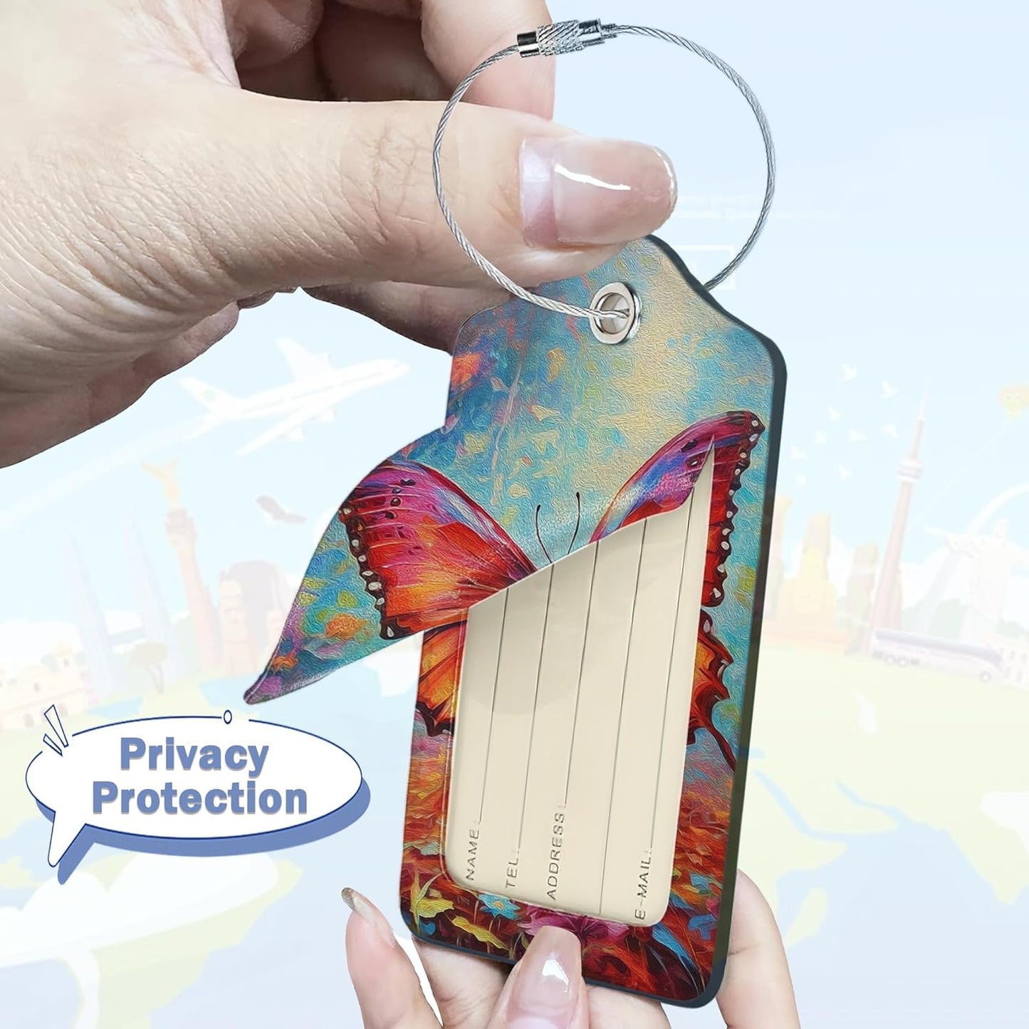3 Pack Luggage Tag for Suitcase,Butterfly Leather Luggage Tag with Privacy Flap,Name ID Label and Metal Loop for Women Men Travel/Cruise Ships/Shipping/Mailing