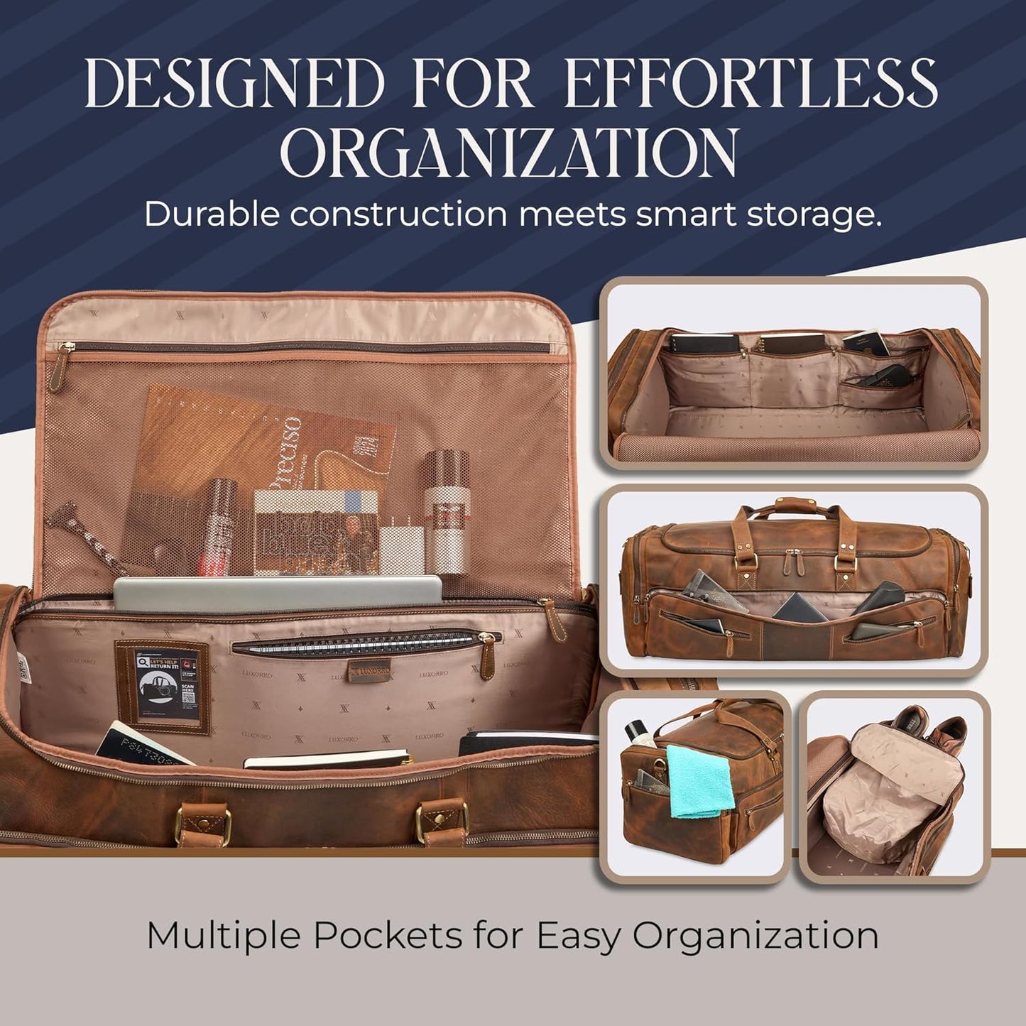 Luxorro Full Grain Leather Duffle Bag for Men | Large Weekender & Road Trip Bag | 30 Inch, 70L Capacity | Mens Overnight Travel & Gym Duffel | Dark Brown