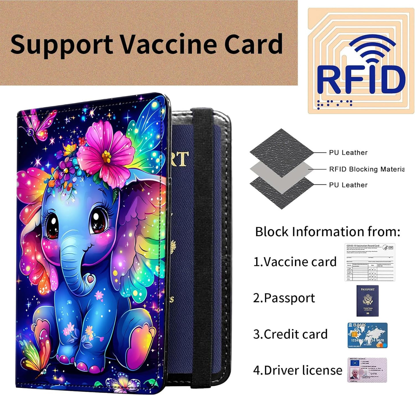 Passport and Vaccine Card Holder Cover Combo,Travel Passport Holder Wallet with RFID Blocking, Leather Vaccine Card Slot Passport Cover Case for Women & Men,Cute Cartoon Baby Elephant