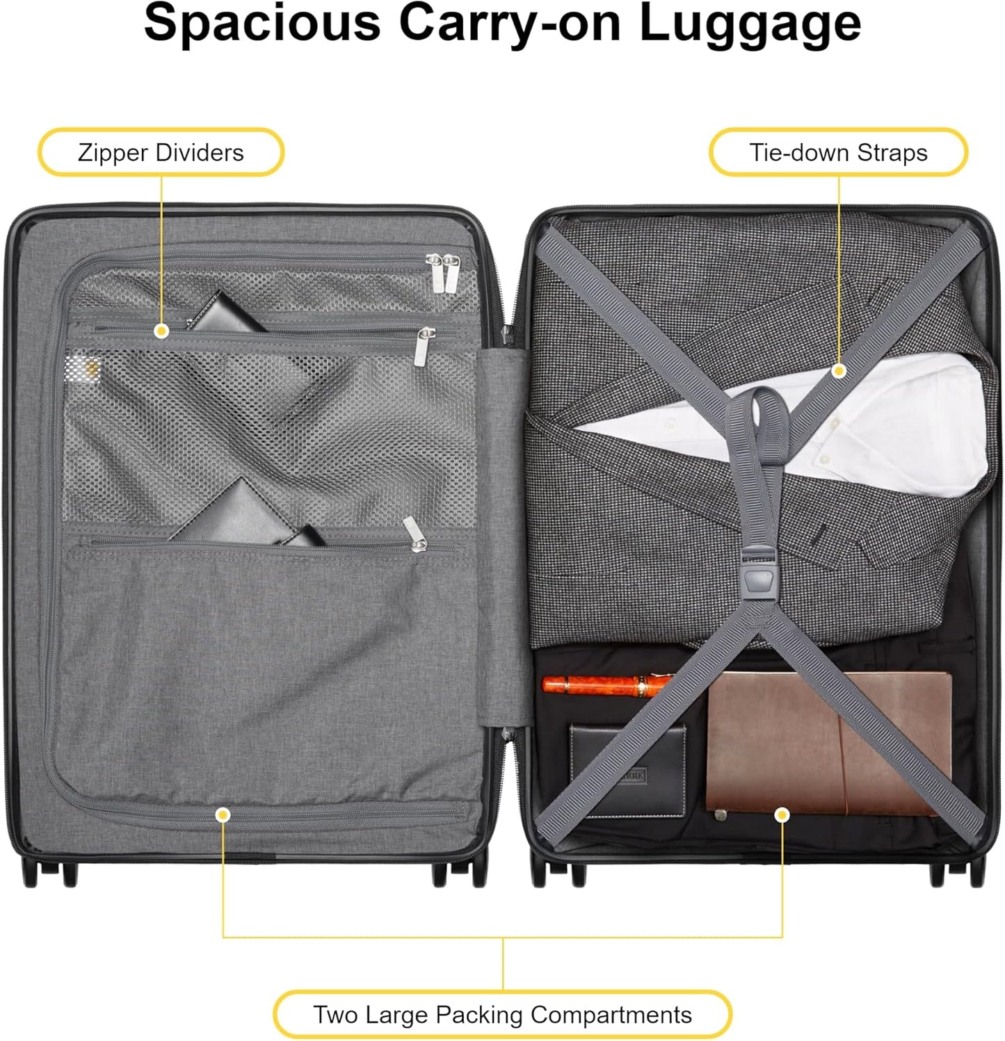 LEVEL8 Carry On Luggage with Compartment, 20 Inch Lightweight Hard Shell Rolling Suitcase with Wheels Airline Approved with Front Pocket, Double Tsa Locks, Black